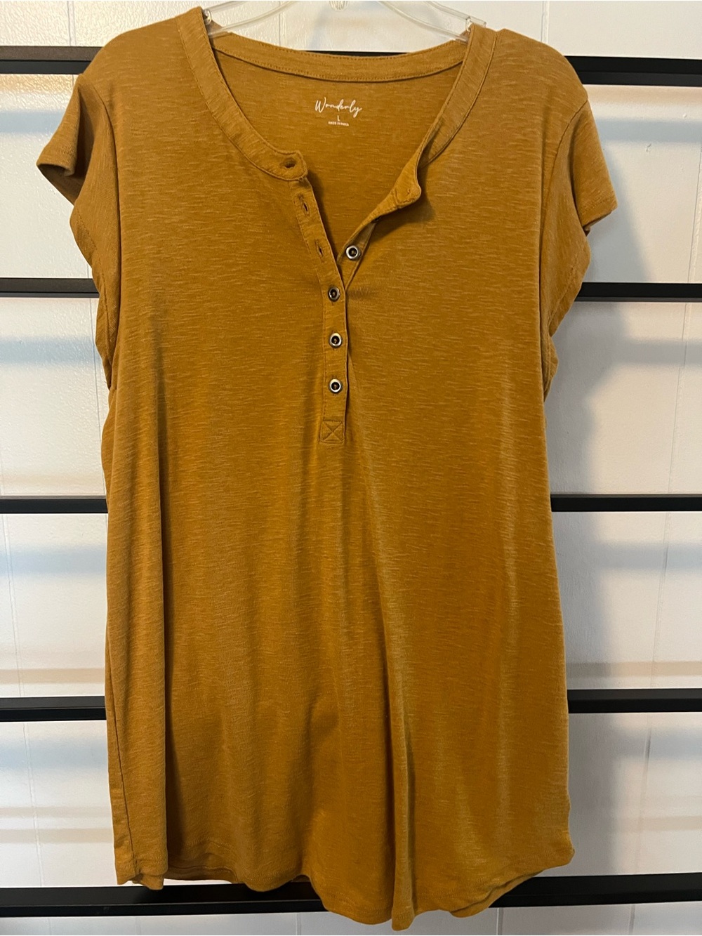 Women’s Wonderly Shirt, Short Sleeve, Large, Henley, Mustard Color, G24